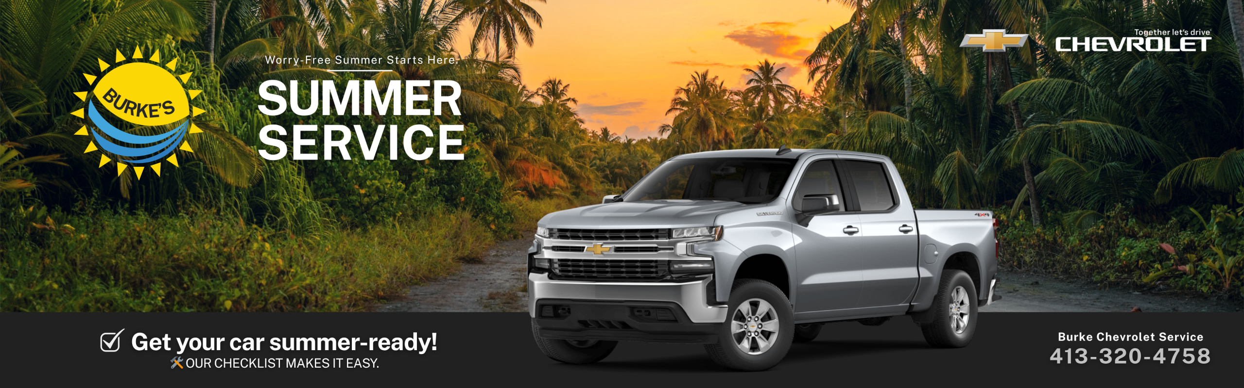 Chevrolet cars, suvs, & trucks prepared for summer road trips and vacations, highlighting essential car care tips from Burke Chevrolet Service in Northampton, MA.